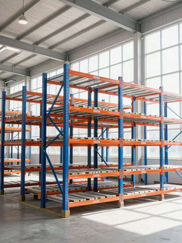 Bright high-key commercial photography of a modern warehouse interior, clean storage racks with blue and orange safety markings, natural daylight streaming through high windows, crisp details, 24mm.