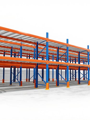 Bright high-key commercial photography of a modern warehouse, clean storage racks with blue structural lines and orange highlights, daylight, 24mm