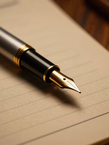 Macro close-up of a classic fountain pen resting on heavy textured legal paper, low-key dramatic side-lighting, warm gold tones