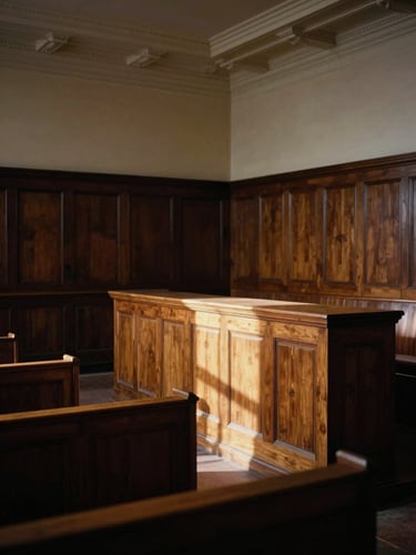 Warm editorial photography of a historic courtroom interior, low-key dramatic side-lighting, rich wood tones, high ceilings, empty wooden benches, 35mm.