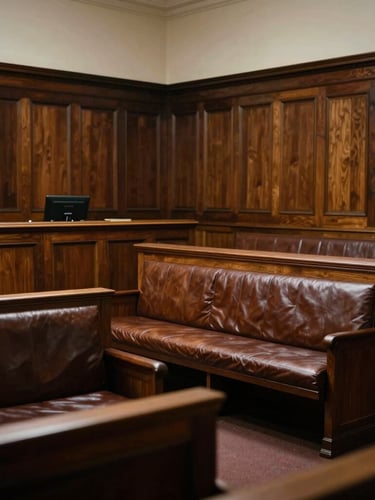 Wide architectural shot of a historic courtroom interior, low-key dramatic side-lighting, rich wood tones, classic leather-bound benches, 35mm