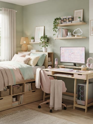 Styled teen bedroom corner featuring a pastel wood gaming desk setup, a full bed with integrated storage, and floating wall shelves. Soft morning daylight, clean composition, 35mm lens, image bleeding to the right edge.
