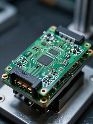 Close-up macro of an airbag control module mounted on a precision inspection stand, cool 5600K daylight balanced lighting defining the circuit board traces and connector pins with sharp edge clarity, dark workshop background, no grease or oil visible