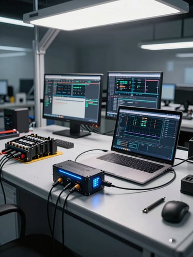 Wide environmental shot of a modern automotive programming workstation — laptop connected via diagnostic interface to a vehicle ECU module on a clean bench, electric-blue LED accent light active on the equipment, multiple screens showing live programming parameters, cool 5600K studio lighting, no oil stains or traditional mechanic tools visible