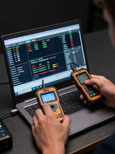 Technician hands operating a professional OBD scanner laptop showing live vehicle data — fault codes, sensor readings and DTC parameters on screen — cool studio strobes at 5600K, sharp screen reflection visible, dark controlled environment, no grease or mechanical clutter