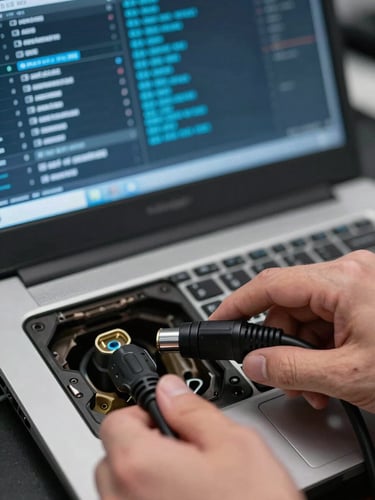 Macro close-up of a technician's hands connecting a diagnostic cable to an OBD port under cool studio lighting, the laptop screen behind showing live fault code data in blue and white on a dark interface, edge definition sharp, no motion blur