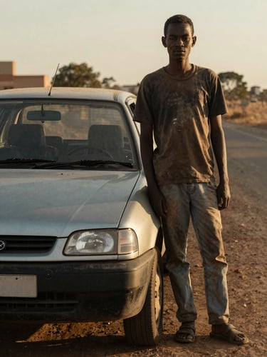 A real, unposed photograph of a South African driver standing proudly next to a clean compact hatchback, ready to start work, no license plate visible, warm golden-hour light, 35mm lens