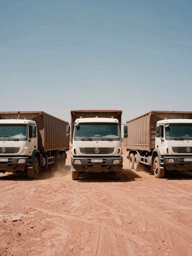 Low-angle wide shot of three heavy-duty logistics trucks parked in a circular formation at a dusty South African mining site, harsh midday sun, red dust, no license plates visible, documentary style 35mm photography.
