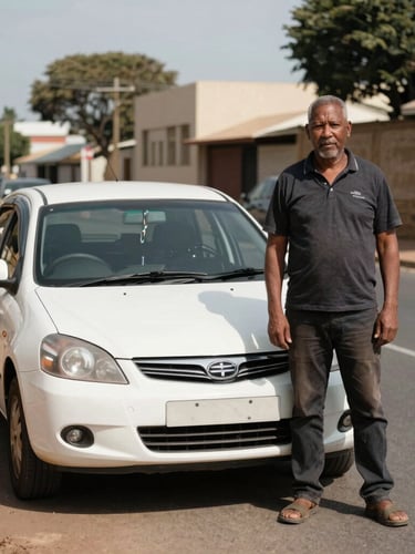 A real, unposed documentary portrait of a professional South African driver standing proudly next to a clean, white compact hatchback with no visible license plate, parked on a street in Kempton Park, harsh midday sun, 35mm lens