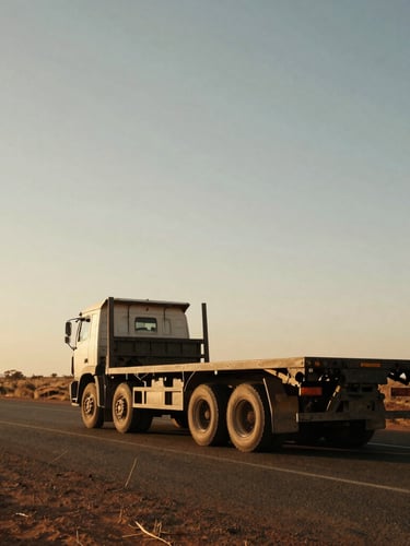 Wide environmental shot of a heavy-duty flatbed truck driving on a long, open South African highway under warm golden-hour light, expansive sky, low horizon, no license plate visible, gritty documentary style.