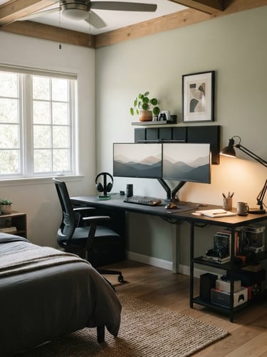 Modern teen bedroom, organized, with a gaming desk setup visible, soft natural window light, subtle warm desk lamp glow, matte black hardware accents.