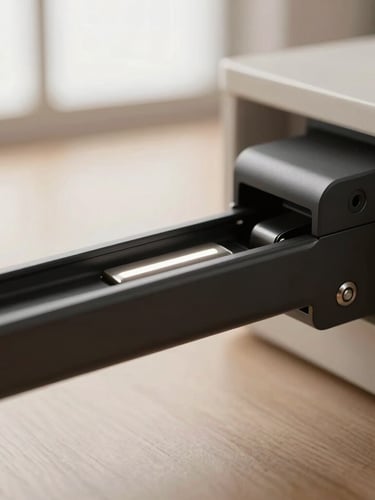 Close-up macro shot of a matte black steel drawer glide mechanism, showing precise engineering and integrated soft-close features, under subtle LED light, clean, industrial-modern aesthetic.