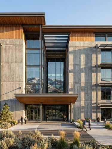 Wide-angle architectural photograph of a modern concrete and steel office facade in the Intermountain West, captured in crisp morning daylight with sharp, long shadows.