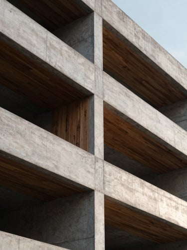 Close-up of modern architectural materials, concrete and steel structure with warm wood accents, early morning natural light, wide-angle lens
