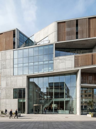 Crisp architectural photography of a modern concrete and glass building facade, sharp natural daylight, desaturated cool tones with warm wood accents, wide-angle lens