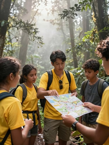 Candid medium shot of a local guide showing a trail map to young travelers, misty rainforest background with sunlight filtering through the canopy, high contrast.