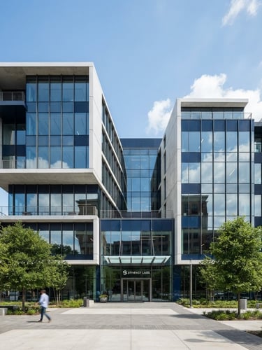 Crisp architectural photography of a modern concrete and glass tech headquarters, bright natural daylight, clean white and deep blue tones, sharp focus, 35mm lens