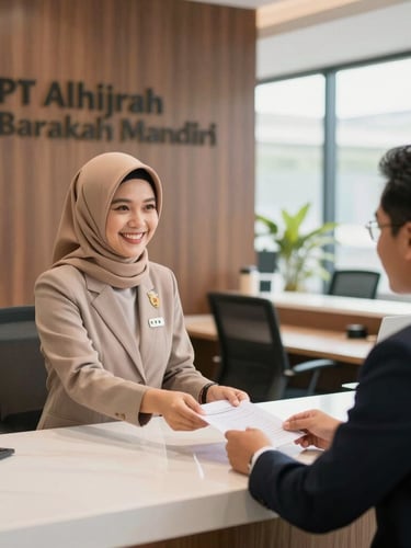 Warm editorial photography of the professional office reception of PT Alhijrah Barakah Mandiri in Bekasi, featuring friendly staff in corporate attire assisting a client, bright daylight, 35mm lens.
