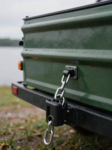A rugged trailer hitch securely locked, heavy-duty safety chains, deep forest green boat trailer, overcast morning light, lakeside background, 35mm