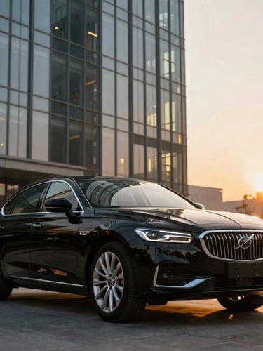 Low-angle heroic portrait of a pristine black executive sedan parked in front of a modern glass skyscraper at golden hour, warm amber sunset reflecting off the polished chrome hood and deep metallic paint, sharp focus, professional composition.