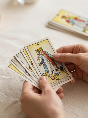 A close-up of hands holding elegant, high-quality Tarot cards over a clean linen table, warm natural daylight, soft shadows, shallow depth of field.