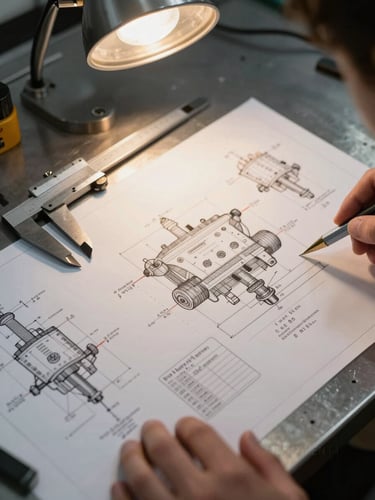 Close-up overhead shot of detailed engineering technical drawings spread across a steel-surface workbench, a caliper resting on one corner, tungsten-warm facility lighting from above, hands partially visible at the lower edge examining a specification callout, industrial documentary framing, no text legible