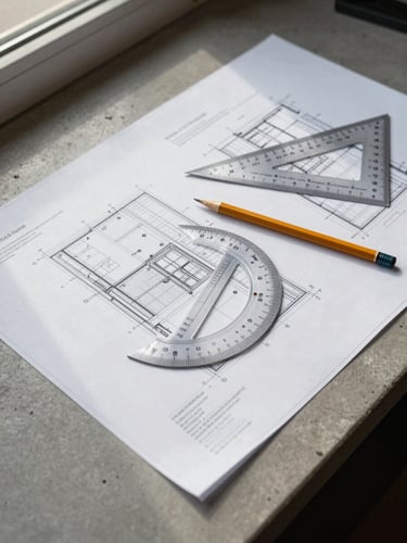 Close-up overhead shot of large-format technical drawings and project specification documents spread across a concrete workbench, a set square and pencil resting on the plans, overcast daylight from a nearby window casting soft directional shadows across the paper surface