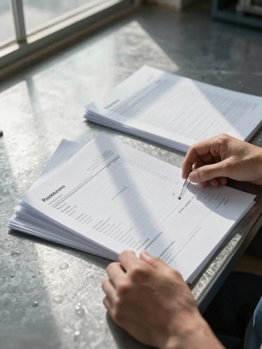 Close-up overhead shot of hands sorting through printed vendor specification sheets spread across a steel workbench, a logistics manifest visible beneath, overcast daylight through a high industrial window casting sharp shadows, no faces visible