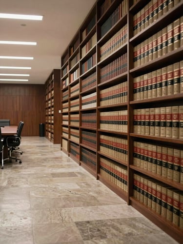 Wide corridor of a contemporary legal office in Mexico, floor-to-ceiling bookshelves of legal volumes lining the right wall, a long empty conference table receding into shadow, institutional overhead lighting casting clean parallel lines on a polished stone floor, no people, austere and precise