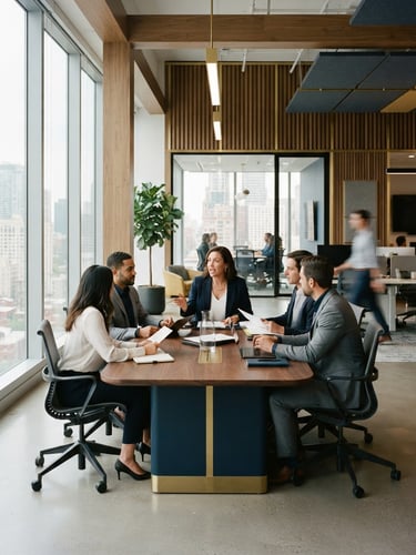 Professional corporate office interior, warm gold and deep navy tones, structured architectural lines, soft natural window light, 35mm photography