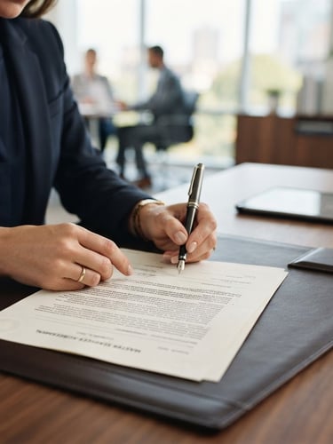 Close-up of professional business hands signing a secure financial agreement on a clean wooden desk, bright natural office light, shallow depth of field, 35mm
