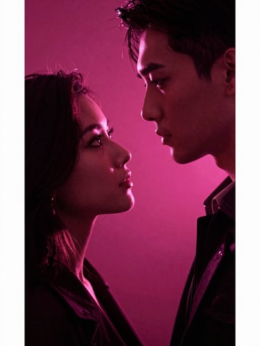 Vertical 9:16 poster art of a dramatic romance under electric magenta streetlights, intense eye contact, moody backlighting