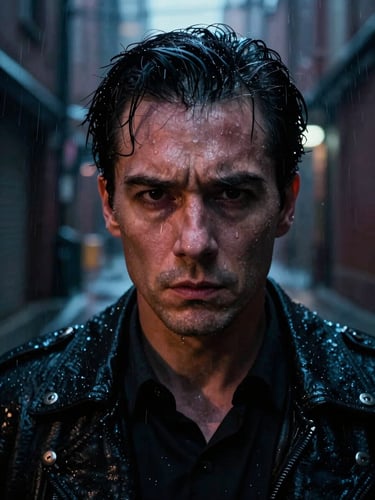 Intense vertical character close-up of a mysterious billionaire in a neon-lit rain-slicked alleyway, dramatic shadows.