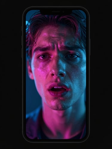 Vertical 9:16 crop of a glowing mobile screen reflecting on an expressive face filled with betrayal, cyber neon lighting.