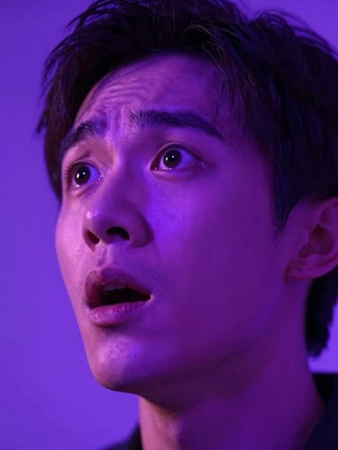 Dramatic vertical close-up of an expressive actor looking back in shock, high-contrast neon purple backlighting, shallow depth of field