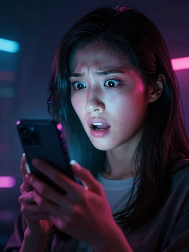 Vertical 9:16 poster art of a shocked woman discovering a family secret, glowing mobile screen lighting her face, cyberpunk neon shadows