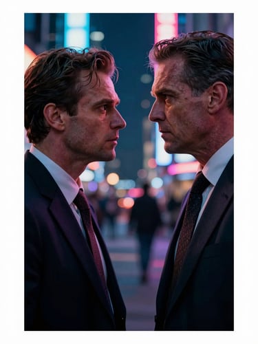 Vertical 9:16 poster art of a dramatic confrontation between a billionaire and a rival in a neon-drenched city, intense emotional expressions, shallow depth of field
