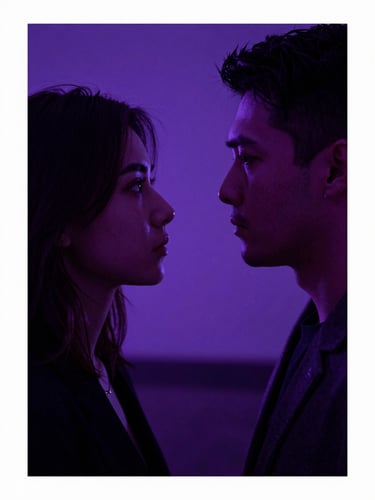 Dramatic vertical 9:16 poster art of a tense confrontation between two lovers under moody purple backlighting, high-contrast shadows.