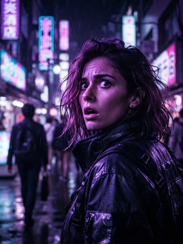 Vertical 9:16 crop, dramatic film photography of a woman looking back in shock, cyberpunk neon purple backlighting, intense emotional expression, shallow depth of field.