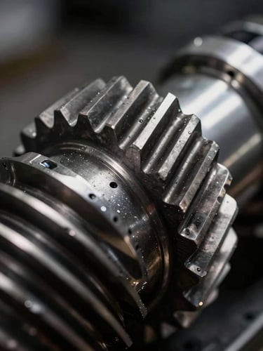 Close-up of clean transmission gear teeth, dramatic workshop lighting, sharp metallic textures, high contrast