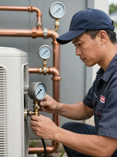 Close-up portrait of a skilled HVAC technician wearing a Prime Fountain HVAC Repair uniform, working on an outdoor AC compressor unit under bright daylight, focused expression, copper pipes and gauges visible.