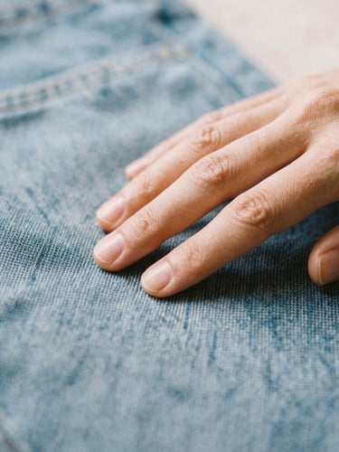 Close-up of a hand gently touching the texture of a high-quality denim fabric, showing intricate weave and subtle natural light, shallow depth of field, 35mm