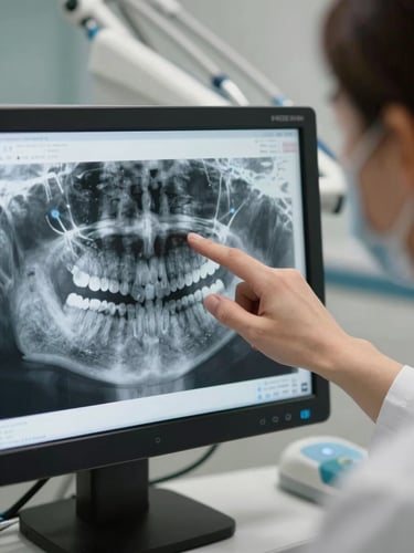 Close-up of a dentist pointing to a detailed digital dental X-ray on a monitor, soft focus on clinical equipment in the background, professional and reassuring setting.