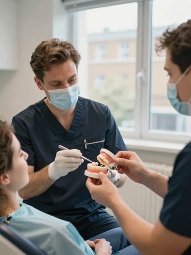 A bright, soft-lit modern London consultation room, a professional dentist in dark scrubs explaining a physical dental model to a patient, warm natural light, medium shot.