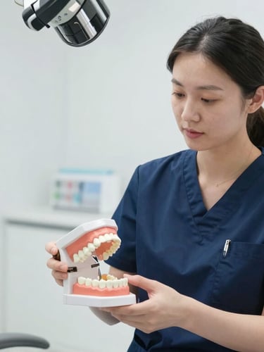 A professional female dentist in dark blue scrubs discussing a 3D physical jaw model with a patient in a bright, modern UK consultation room.