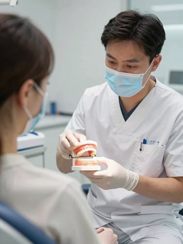 A bright, modern UK consultation room where a dentist in clean clinical scrubs is pointing to a physical anatomical dental model, explaining a procedure to an attentive patient.