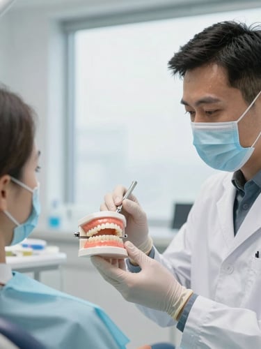 A professional dentist in a bright modern UK clinic showing a physical dental model to an attentive patient, soft natural window light, clinical-editorial style.