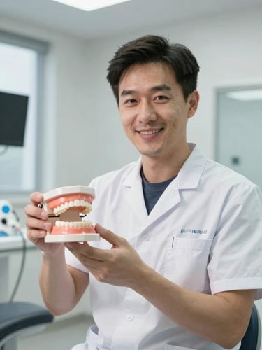 A professional clinical portrait of a dentist in a bright UK consultation room, holding a physical dental model, soft natural lighting, editorial framing