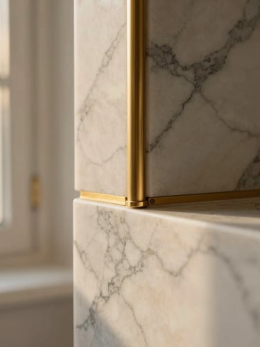 A close-up of a bespoke material joint, white Calacatta marble meeting brushed gold brass with absolute precision, soft natural light