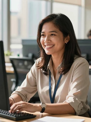 Candid medium shot of a Filipino professional smiling in a sunlit Dubai workspace, warm natural daylight, 35mm lens